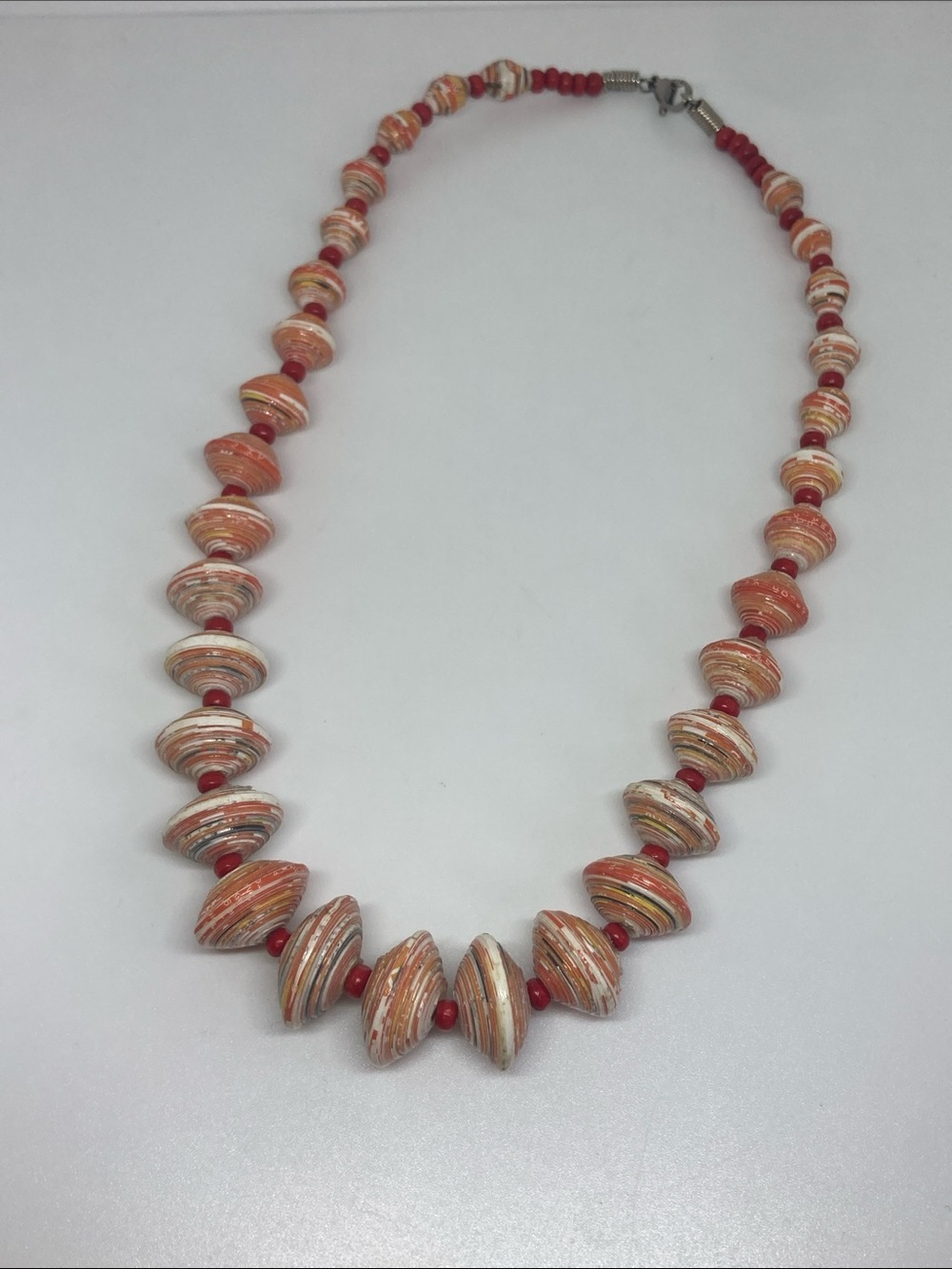 Upcycled Coral Stripe Disc Bead Necklace | Handmade Recycled Paper Bead Necklace